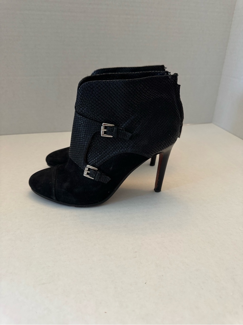 Coach Black Suede Snakeskin Double Monk Strap Booties Heel 7B - Picture 3 of 10
